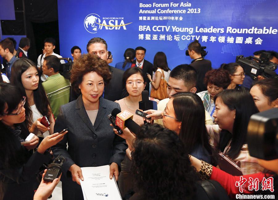 4月6日，美国前劳工部长赵小兰在海南博鳌接受媒体采访，她刚参加完博鳌亚洲论坛的“共同发展：教育的使命”青年领袖圆桌会议。
