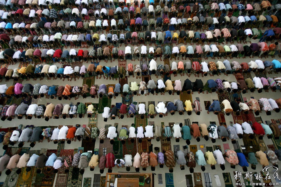 　2013年7月10日，印度尼西亚北苏门答腊棉兰，一所伊斯兰寄宿学校的学生在进行午祷。
