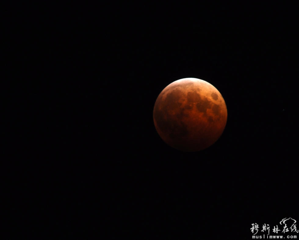 10月8日晚，黑龙江省黑河市上空现月全食美景。据悉，只要天气晴朗，中国几乎所有地区都能欣赏到一轮“红月亮”高挂夜空的迷人景象。