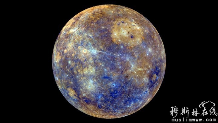 色彩斑斓的水星：美国宇航局的绕水星轨道运行的“信使”号飞船捕捉下这一璀璨夺目的图像。
